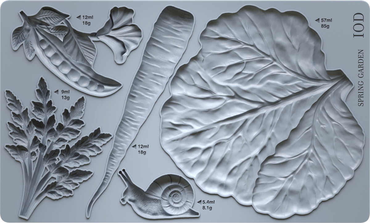 Spring Garden Mould by I.O.D. with pea pod, carrot, and cabbage leaf shapes plus printed measurements for crafting.