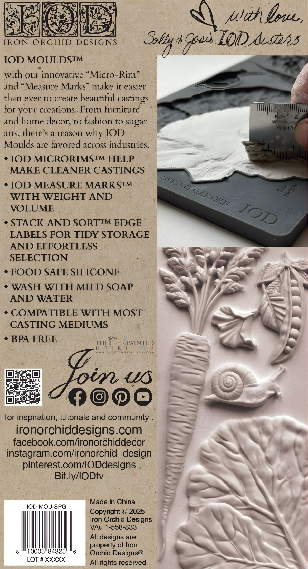 Hand holding Spring Garden Mould by I.O.D. above pink clay florals; product details and links on the right.