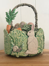Woven basket with leafy, rabbit, carrot, snail, and egg motifs from I.O.D. Spring Garden Mould by Iron Orchid Designs.