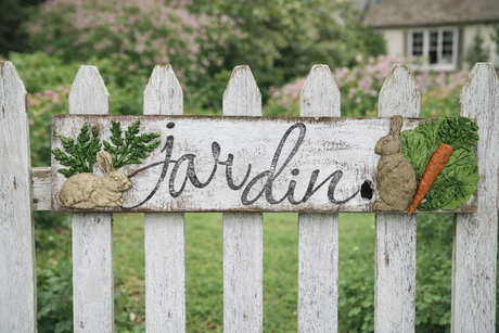 White picket fence, rabbits, carrots, and greenery made with I.O.D. Spring Garden Mould by Iron Orchid Designs.