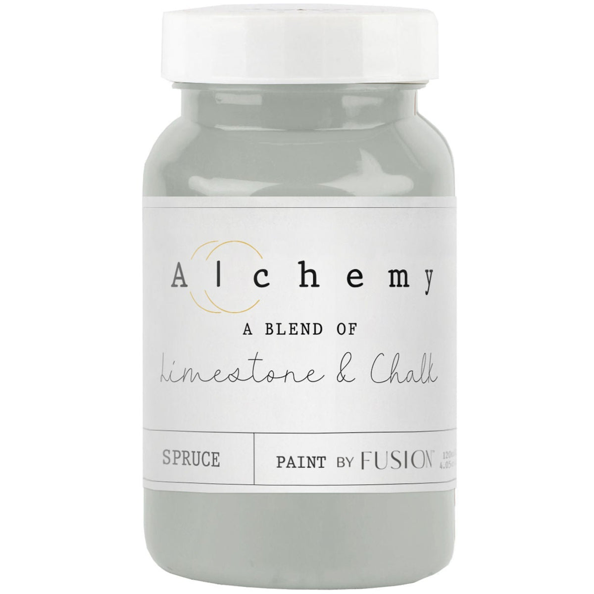 Spruce Alchemy Paint by Fusion Mineral Paint in a jar with white label and white lid.