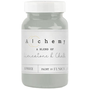 Spruce Alchemy Paint by Fusion Mineral Paint in a jar with white label and white lid.