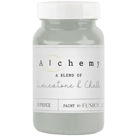 Spruce Alchemy Paint by Fusion Mineral Paint in a jar with white label and white lid.