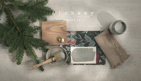 Alchemy by Fusion Digital Downloads and Fusion Mineral Paint displayed with fabric, wood, brochure, and greenery.