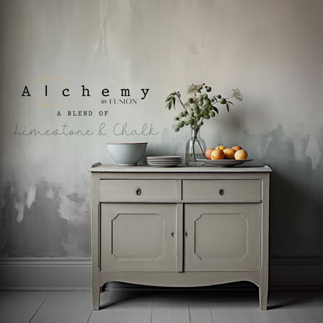 Gray sideboard with decor, featuring text about limestone and Spruce Alchemy Paint by Fusion Mineral Paint.
