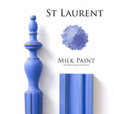 St-Laurent Blue Milk Paint by Homestead House as blue powder, wood pieces, and a labeled color swatch.