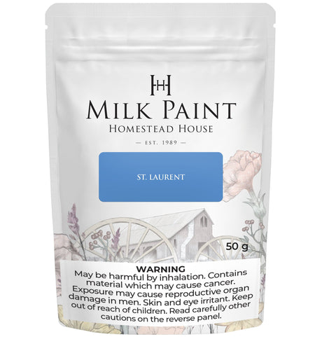 50g St-Laurent Blue Milk Paint by Homestead House; health risk warnings displayed below the product label.