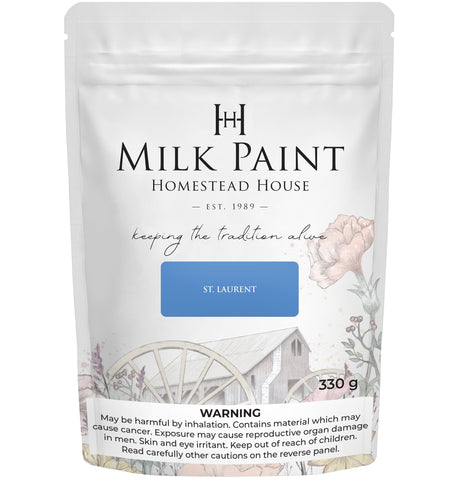 330g St-Laurent Blue Milk Paint pouch by Homestead House, label features floral art and barn illustration.