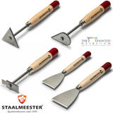 Set of five Staalmeester Scrapers & Strippers with wood handles and assorted blade shapes.