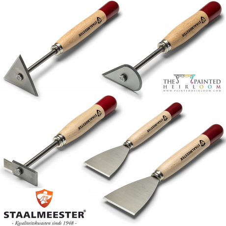 Set of five Staalmeester Scrapers & Strippers with wood handles and assorted blade shapes.