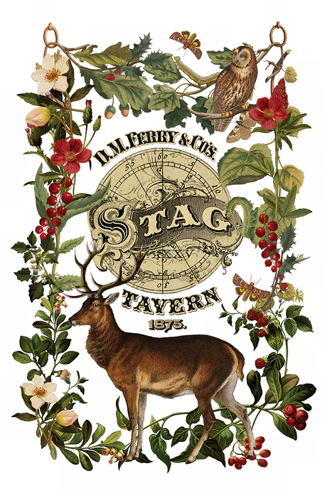 IOD 2026 Stag Tavern Limited Release Transfer featuring stag, owl, and floral motifs by Iron Orchid Designs.