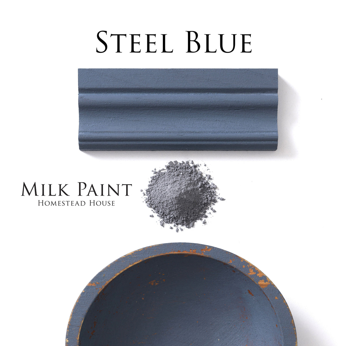 Steel Blue Milk Paint by Homestead House, gray powder in a wooden bowl.