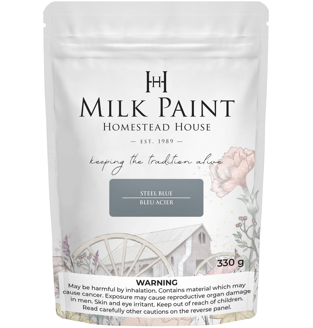 330g Steel Blue Milk Paint by Homestead House, floral and wagon wheel designs on packaging.