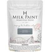 330g Steel Blue Milk Paint by Homestead House, floral and wagon wheel designs on packaging.