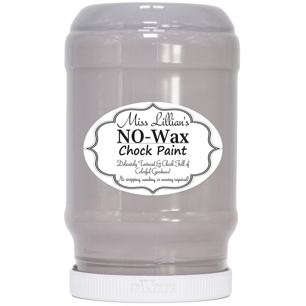 Miss Lillian’s Paint Steel No-Wax Chock Paint in light gray, plastic jar.