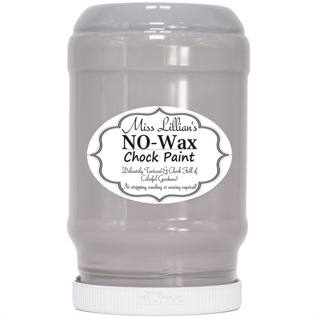 Miss Lillian’s Paint Steel No-Wax Chock Paint in light gray, plastic jar.