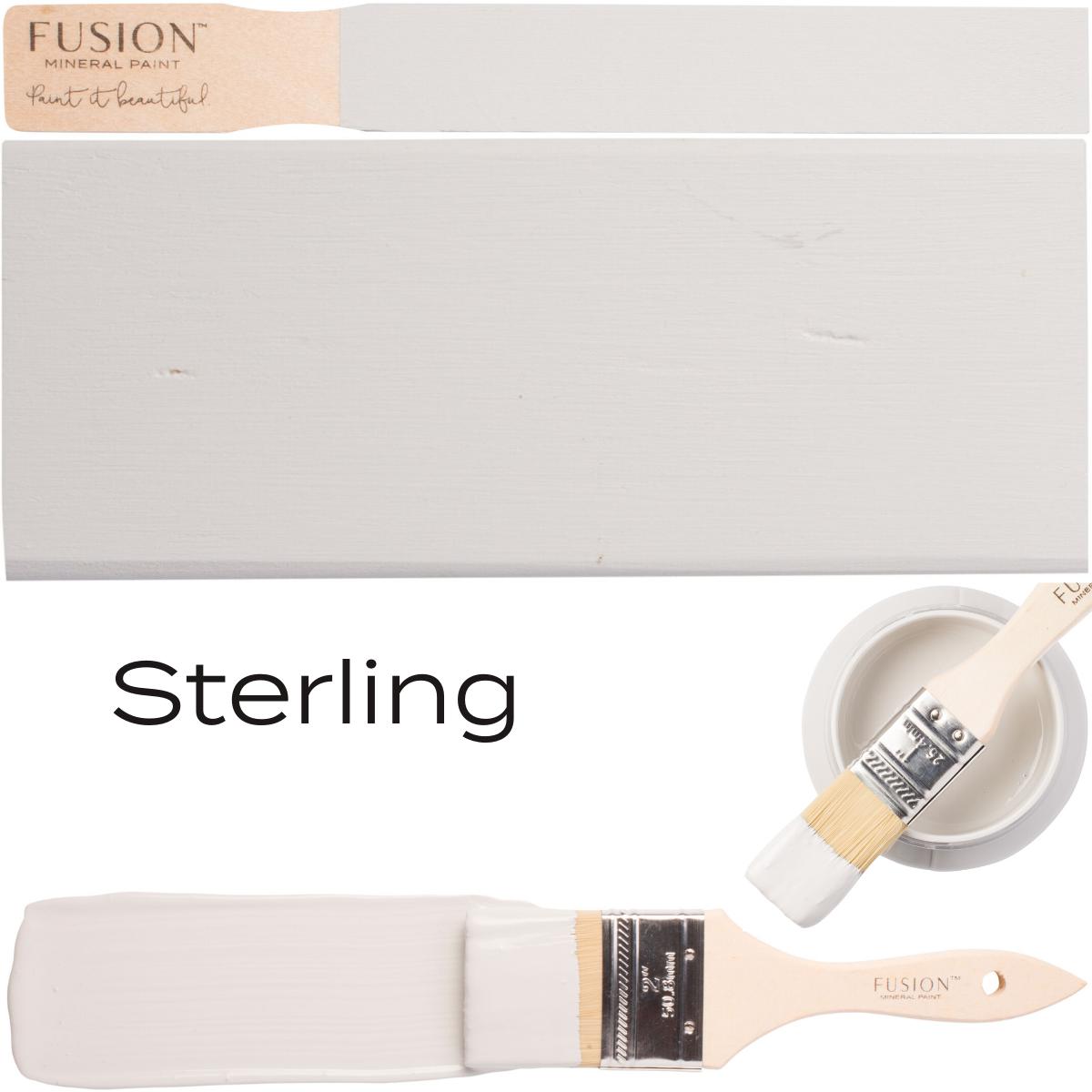 Paintbrush with Sterling Fusion Mineral Paint, painted board, and Fusion Mineral Paint can displayed together.