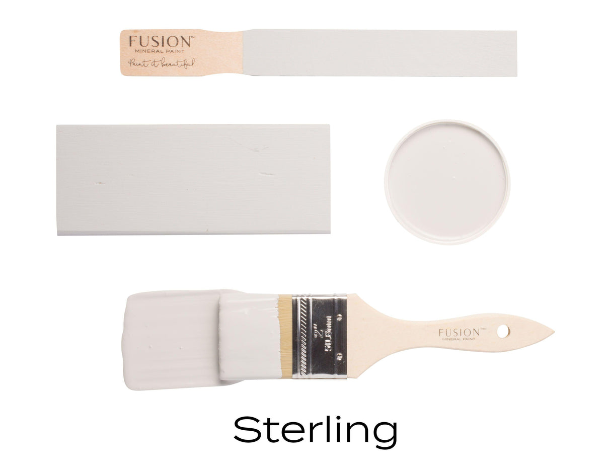 Sterling Fusion Mineral Paint with four paint samples and a brush on white background.
