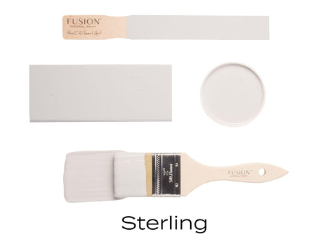 Sterling Fusion Mineral Paint with four paint samples and a brush on white background.