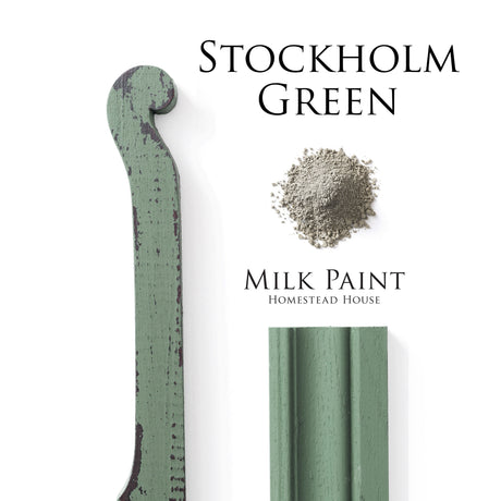 Homestead House Stockholm Green Milk Paint, painted wood trim, paint stirrer, and green powder.