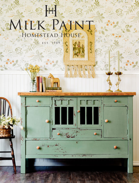 Stockholm Green Milk Paint sideboard by Homestead House, brand text visible above.