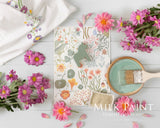 Stockholm Green Milk Paint by Homestead House with floral card, paintbrush, and pink flowers on white table.