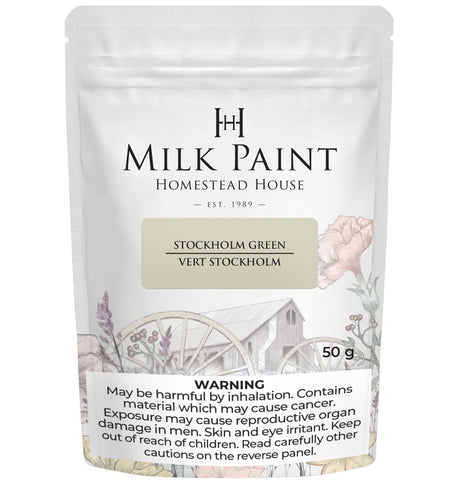 50g Homestead House Stockholm Green Milk Paint bag with warning label at the bottom.