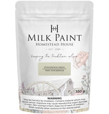 Homestead House Stockholm Green Milk Paint, 330g pouch with floral and wagon wheel illustrations on packaging.