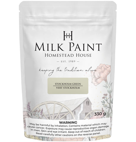 Homestead House Stockholm Green Milk Paint, 330g pouch with floral and wagon wheel illustrations on packaging.