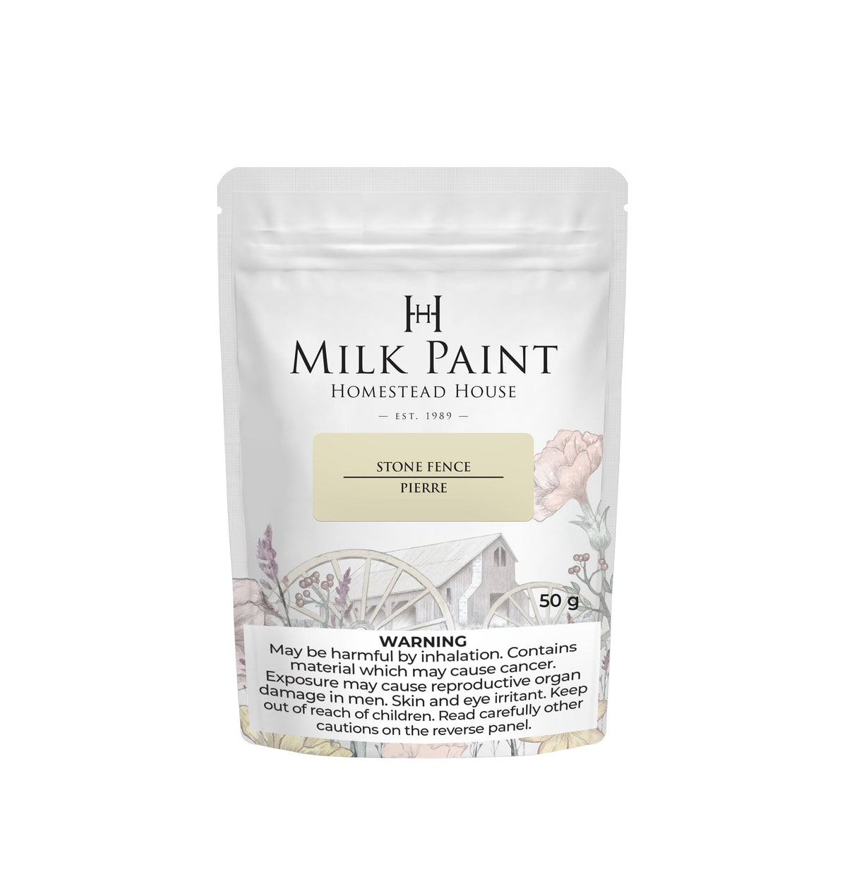 50g bag of Homestead House Stone Fence Milk Paint with caution and warning text on the front label.