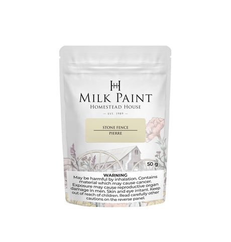50g bag of Homestead House Stone Fence Milk Paint with caution and warning text on the front label.