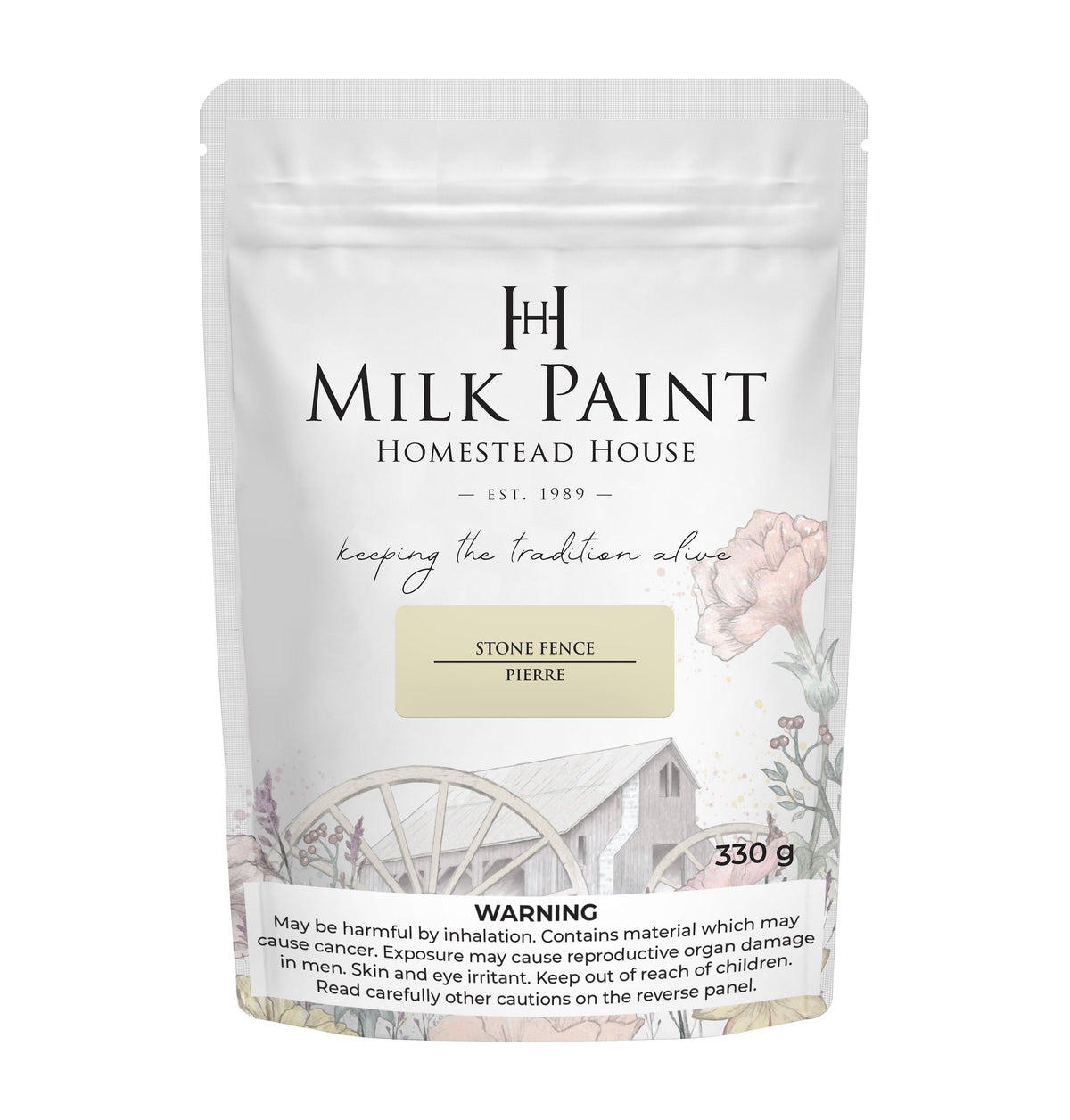 330g Homestead House Stone Fence Milk Paint bag with inhalation and chemical risk warnings on label.