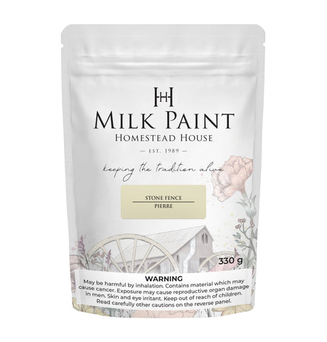 330g Homestead House Stone Fence Milk Paint bag with inhalation and chemical risk warnings on label.