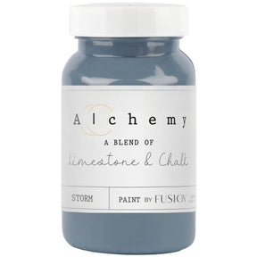 Jar of Storm Alchemy Paint by Fusion Mineral Paint, chalk-style blend with limestone and chalk.