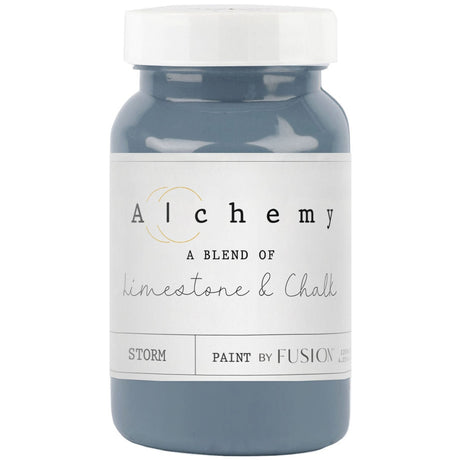 Jar of Storm Alchemy Paint by Fusion Mineral Paint, chalk-style blend with limestone and chalk.