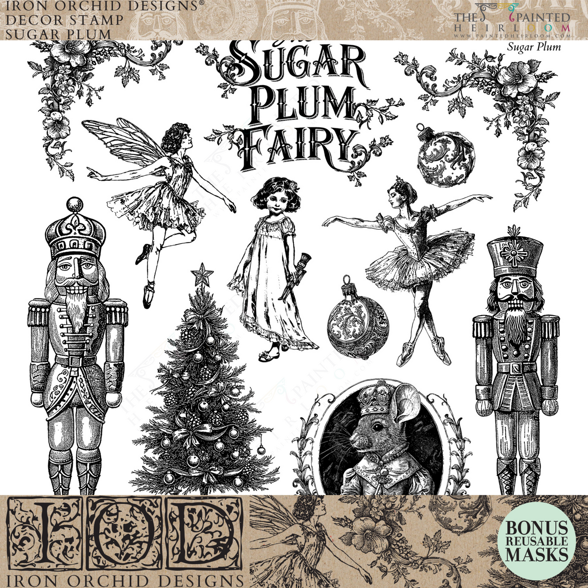 Sugar Plum Stamp (2025 Limited Release) by I.O.D. featuring nutcracker, fairy, and ballerina designs.