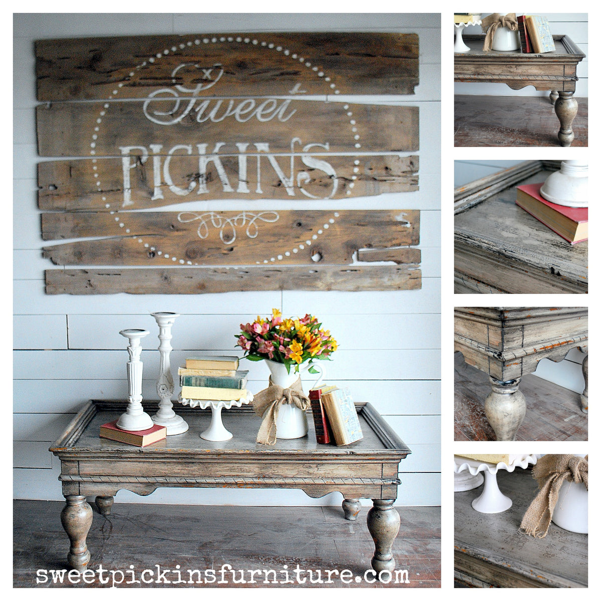 Coffee table with flowers and books beneath a Suitcase – Sweet Pickins Milk Paint sign by Old Fashioned Milk Paint.