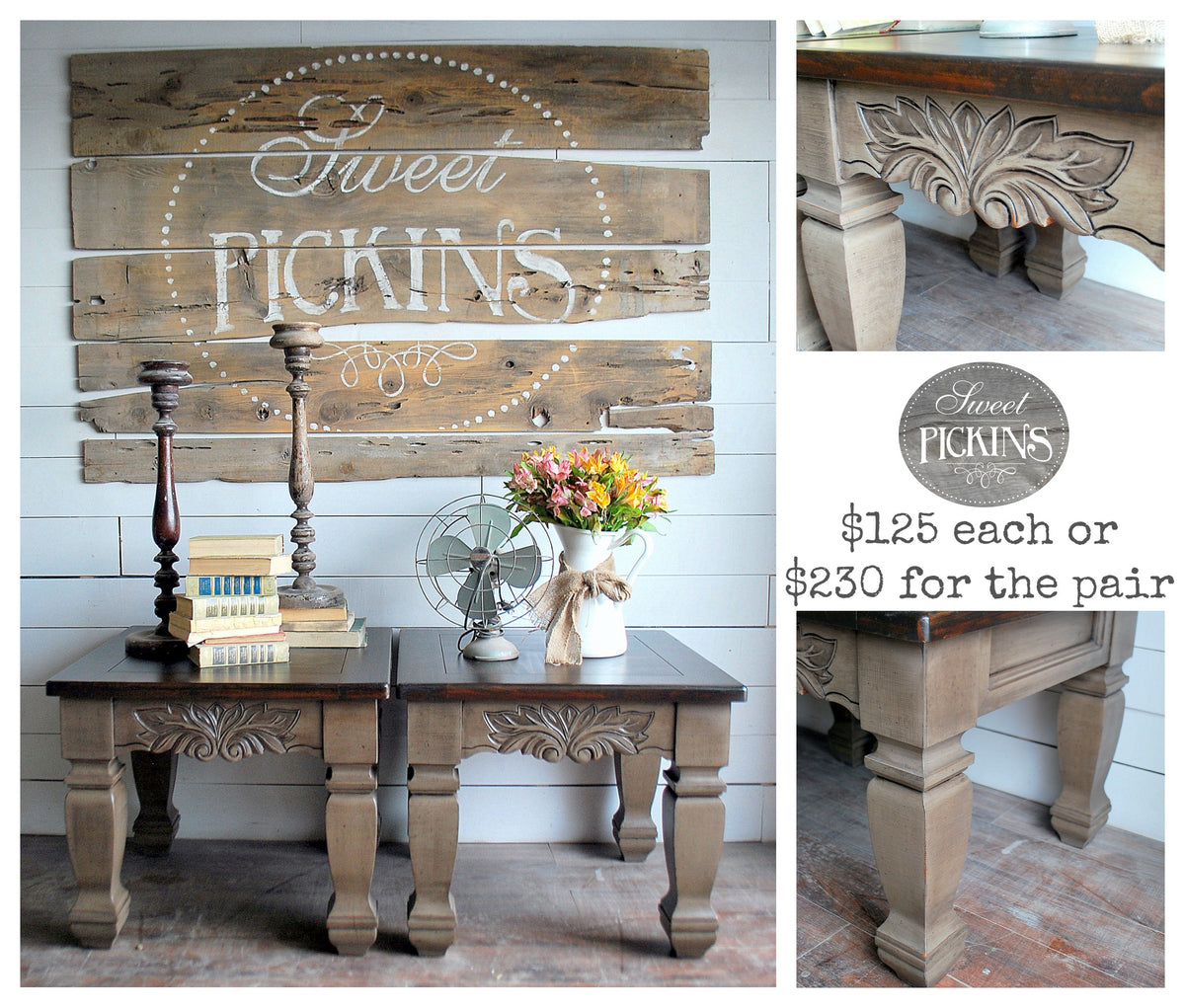 Pair of Suitcase tables finished in VOC-free Old Fashioned Milk Paint; decor items shown not included.