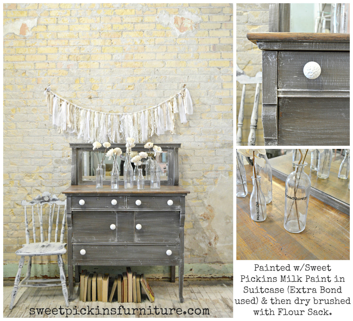 Gray dresser painted Suitcase by Old Fashioned Milk Paint with white knobs and glass bottles on top.