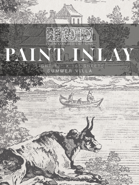 Black & white sketch featuring a cow, two people in a boat, and a house from IOD Summer Villa Paint Inlay.