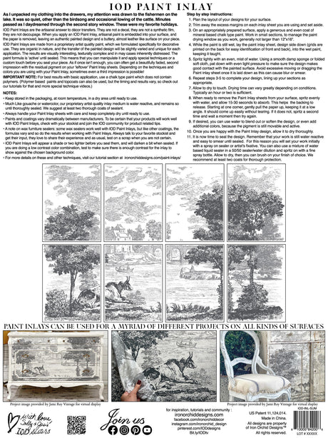 Printed sheet with I.O.D. Summer Villa Paint Inlay tips, application steps, and contact information.