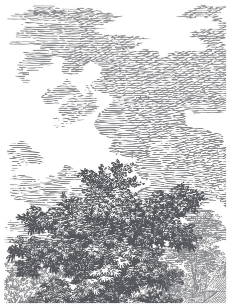 Black and white tree sketch with textured clouds, inspired by I.O.D. Summer Villa Paint Inlay designs.