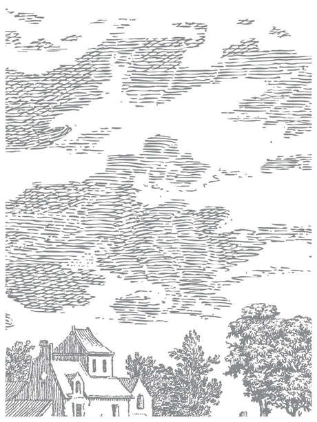 Black and white line art of a house, trees, and sky, inspired by I.O.D. Summer Villa Paint Inlay from Iron Orchid Designs.