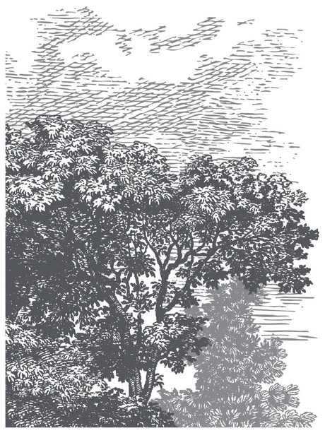 Black and white woodcut of leafy trees under clouds, inspired by I.O.D. Summer Villa Paint Inlay by Iron Orchid Designs.