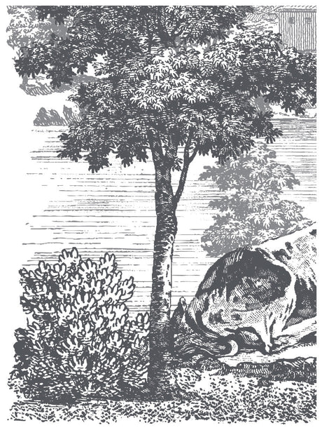 Black and white Summer Villa Paint Inlay by Iron Orchid Designs (IOD), shown in a classic, detailed scene.
