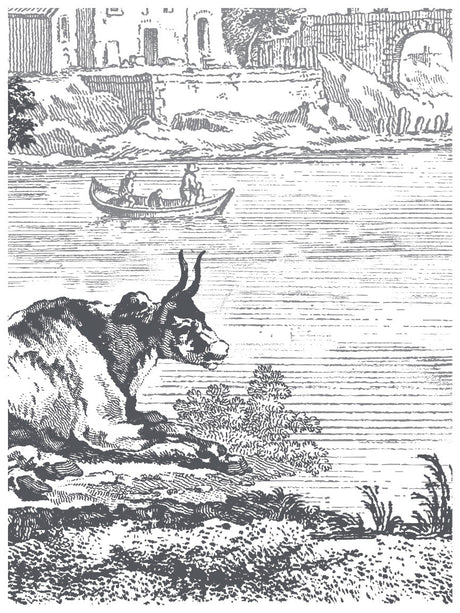 Cow by a river with two rowers passing; buildings and Summer Villa Paint Inlay by I.O.D. in the background.
