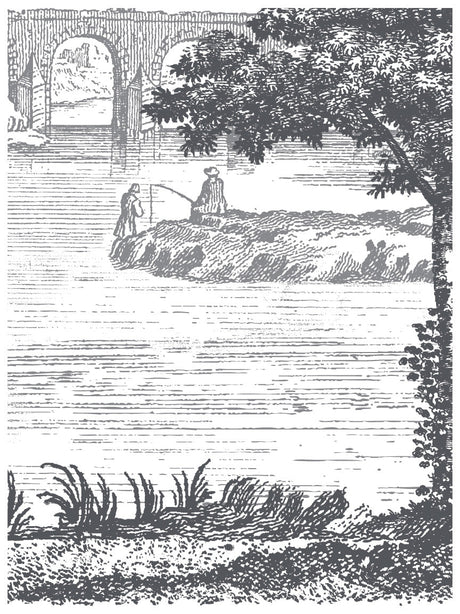 Two people fishing on an island with an arched bridge in the background, inspired by Summer Villa Paint Inlay by I.O.D.