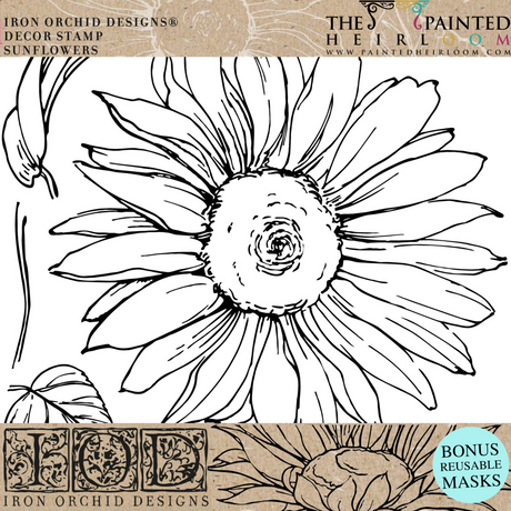 Black & white line art of sunflowers with IOD Sunflowers Stamp by I.O.D. logos and reusable stamping masks included.