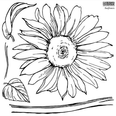 Black and white sunflower line art with two leaves and stem, created using IOD Iron Orchid Designs Sunflowers Stamp.
