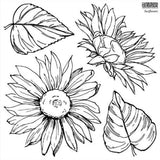 IOD Sunflowers Stamp featuring line art of two sunflowers and leaves.